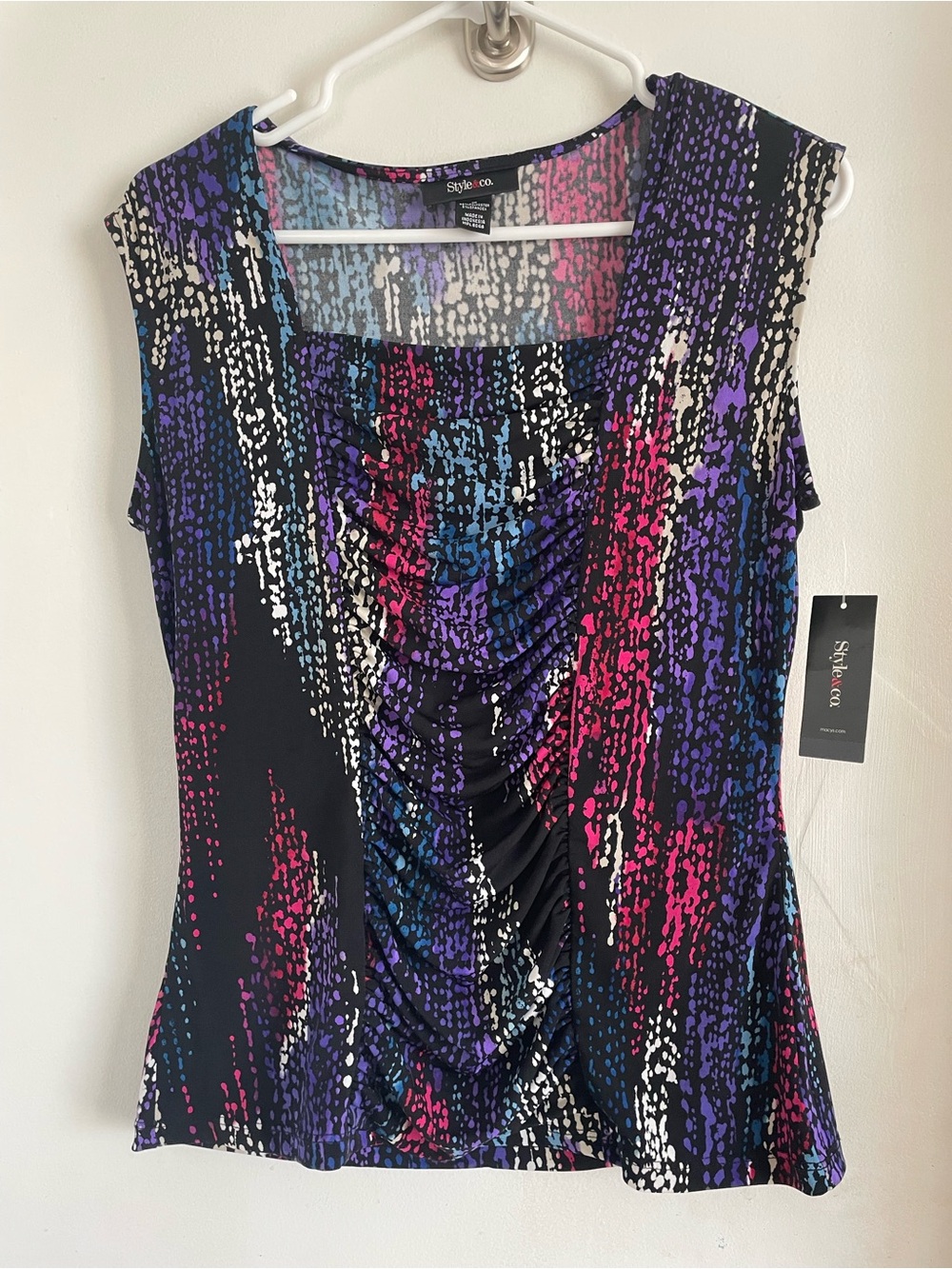 Style & Co. Black Multicolor Ruched Front Cap Sleeve Top